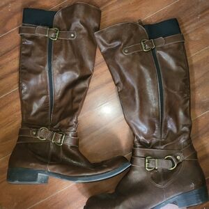 Brown Knee-High Leather Boots with Buckles EUC Sz 7 Faded Glory
